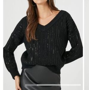 FOREVER 21 NWT black sequined v neck ribbed long sleeve crop sweater L